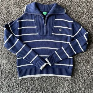 United Colors Of Benetton Blue and White Zip Up Sweater